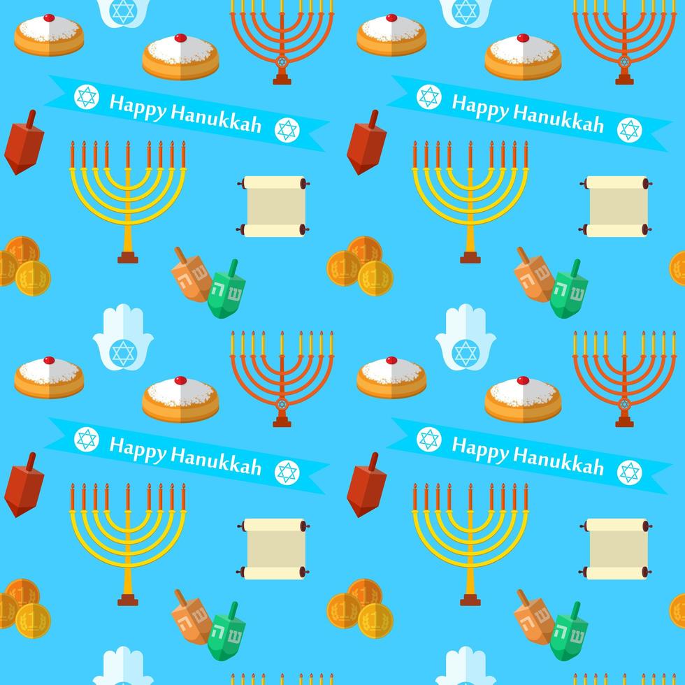 Happy Hanukkah vector seamless pattern, with dreidel game, coins, hand of Miriam, palm of David, star of David, menorah, traditional food, torah and other traditional items