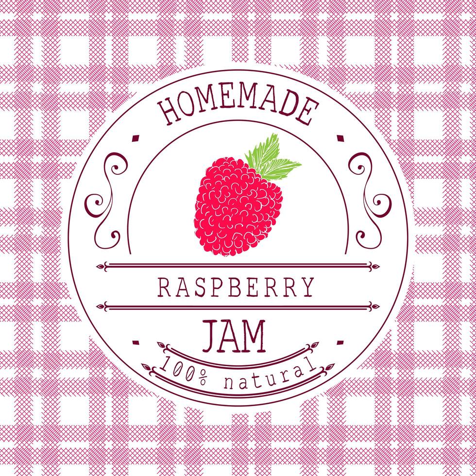 Jam label design template. for raspberry dessert product with hand drawn sketched fruit and background. Doodle vector raspberry illustration brand identity