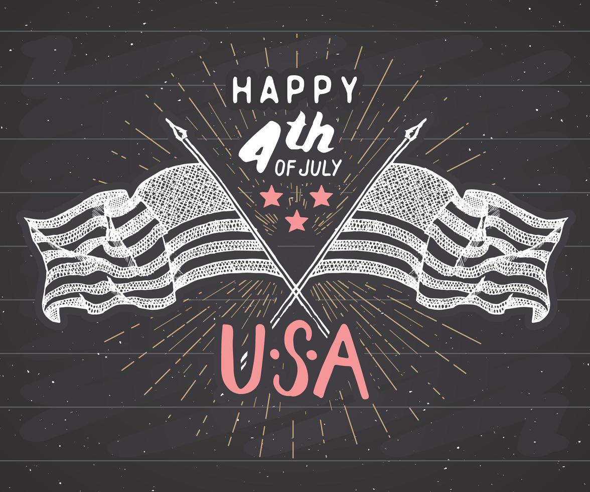 feliz día de la independencia, cuatro de julio, tarjeta de felicitación vintage con banderas de estados unidos, celebración de los estados unidos de américa. Letras de mano, ilustración de vector de diseño retro de vacaciones americanas en pizarra.