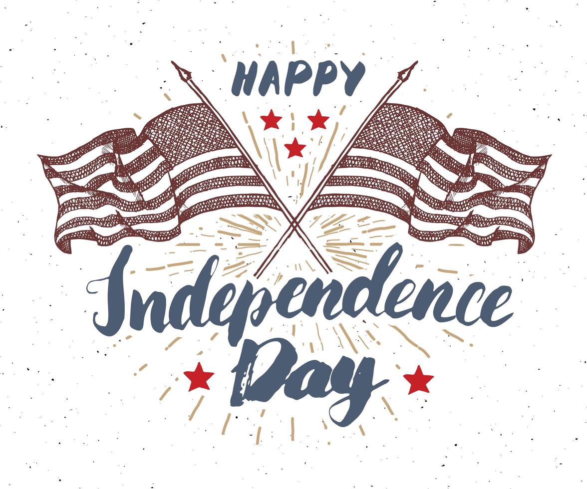 feliz día de la independencia, cuatro de julio, tarjeta de felicitación vintage con banderas de estados unidos, celebración de los estados unidos de américa. letras de la mano, ilustración de vector de diseño retro con textura grunge de vacaciones americanas.