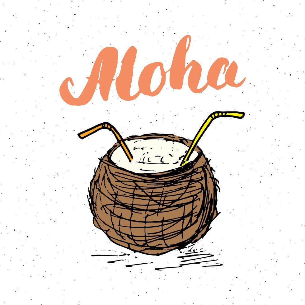 Letras palabra aloha con boceto dibujado a mano coco diseño tipográfico signo, ilustración vectorial vector