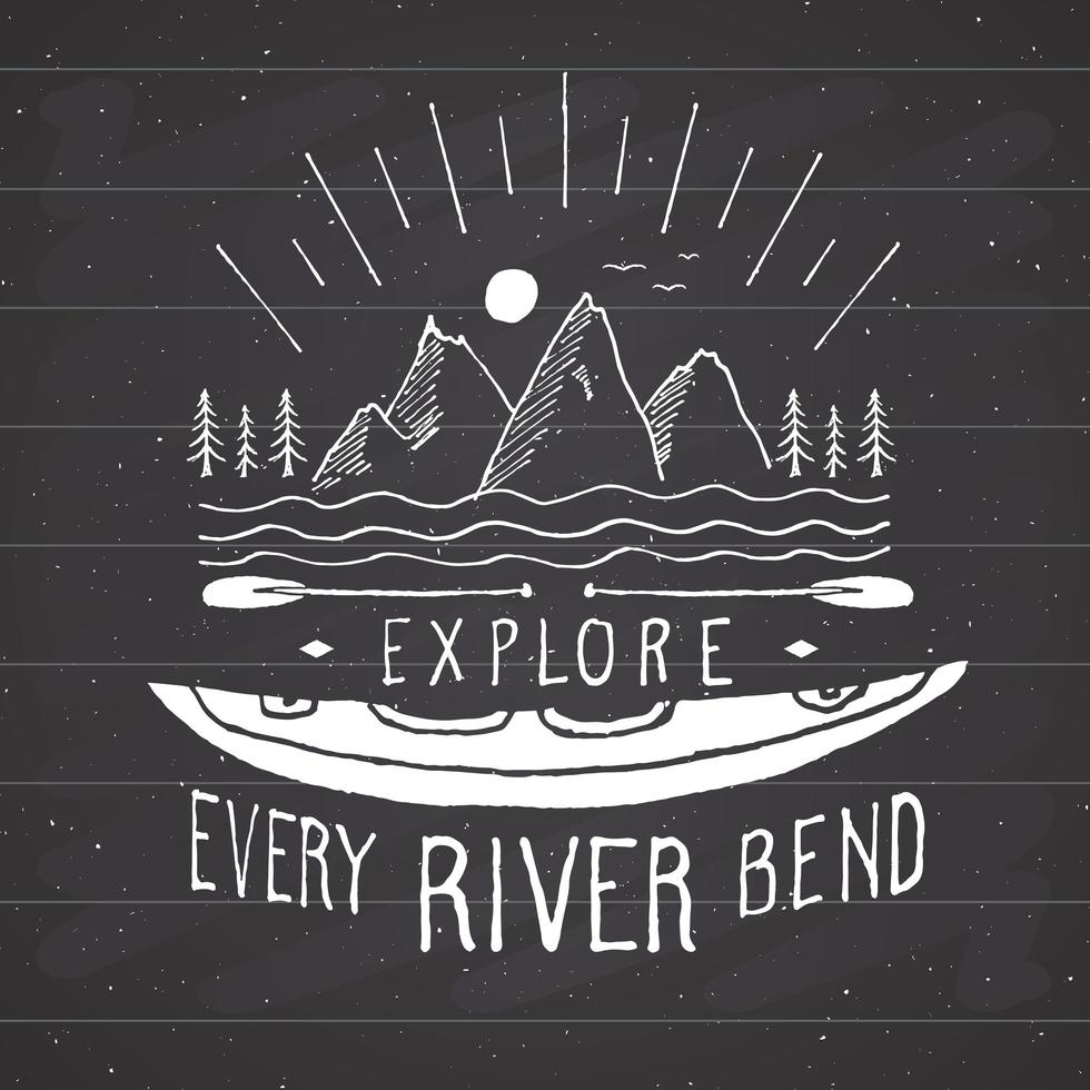 Kayak and canoe vintage label, Hand drawn sketch, grunge textured retro badge, typography design t-shirt print, vector illustration on chalkboard background