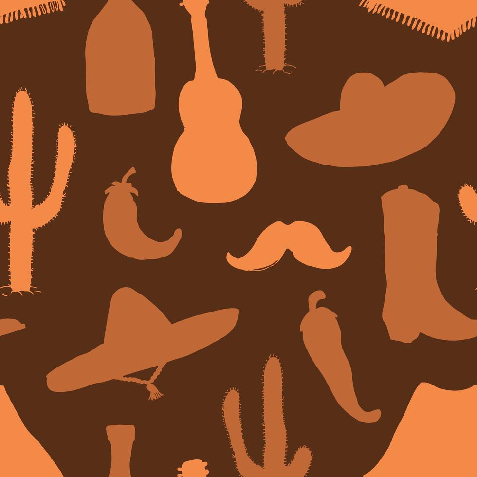 elementos de doodle de patrones sin fisuras de méxico, boceto dibujado a mano silueta sombrero sombrero tradicional mexicano, bota, poncho, cactus y botella de tequila, chiles, guitarra. fondo de ilustración vectorial vector