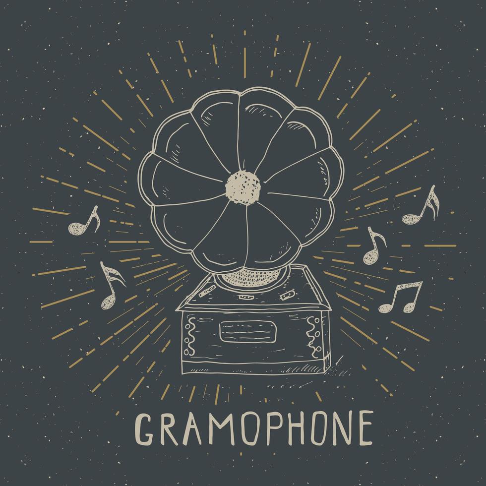 Gramophone vintage label, Hand drawn sketch, grunge textured retro badge, typography design t-shirt print, vector illustration