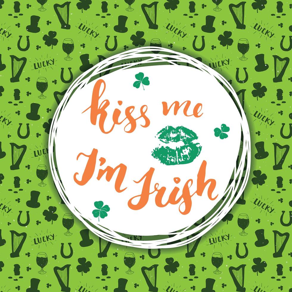 Kiss me, I'm irish. St Patrick's Day greeting card Hand lettering with lips and clovers, Irish holiday brushed calligraphic sign vector illustration on pattern background