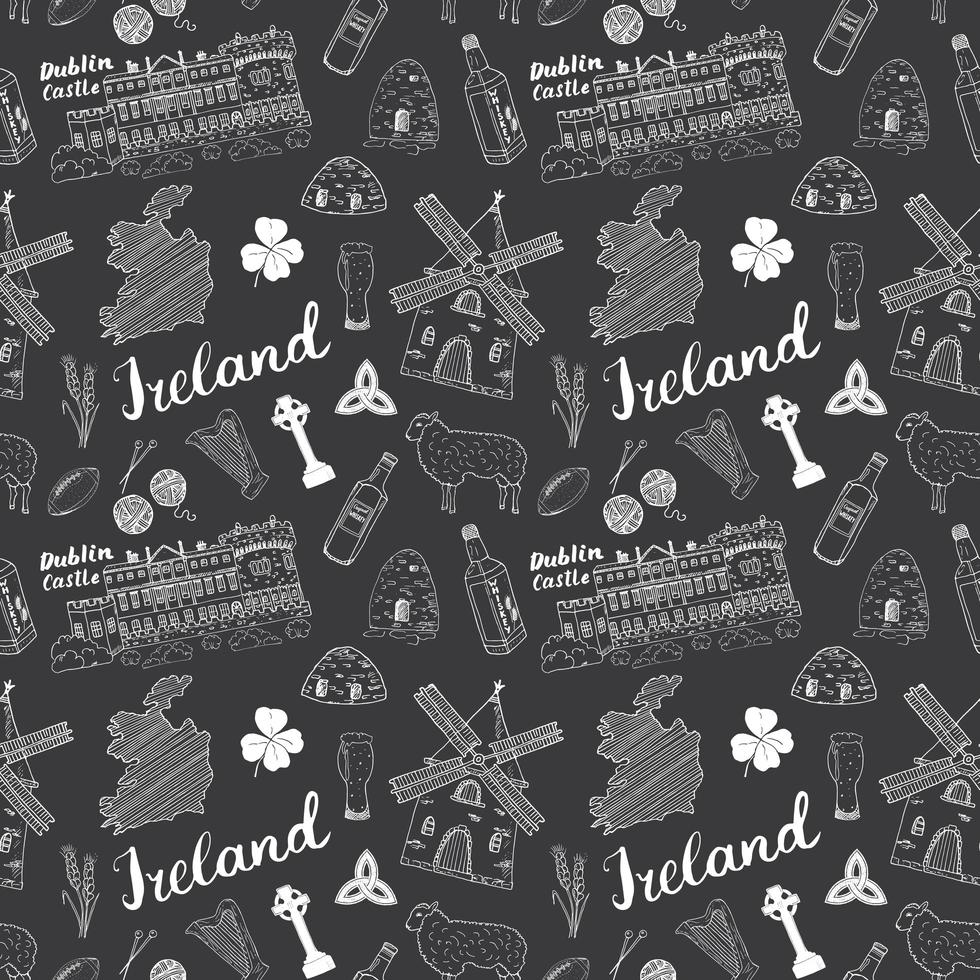 Ireland Sketch Doodles Seamless Pattern. Irish Elements with flag and map of Ireland, Celtic Cross, Castle, Shamrock, Celtic Harp, Mill and Sheep, Whiskey Bottles and Irish Beer, Vector Illustration