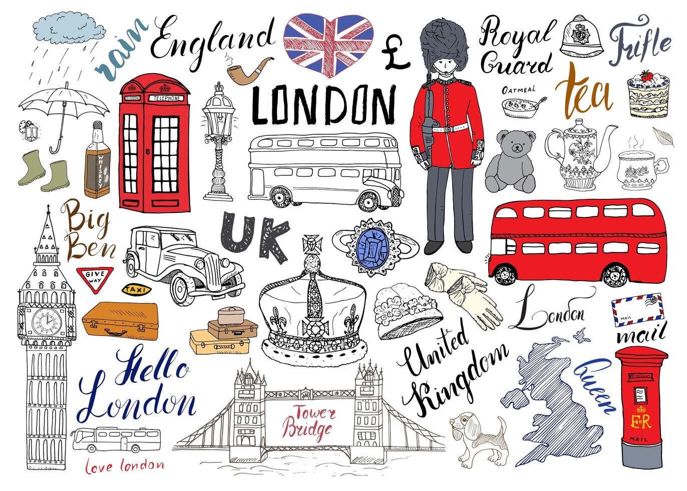 London city doodles elements collection. Hand drawn set with, tower bridge, crown, big ben, royal guard, red bus and cab, UK map and flag, tea pot, lettering, vector illustration isolated