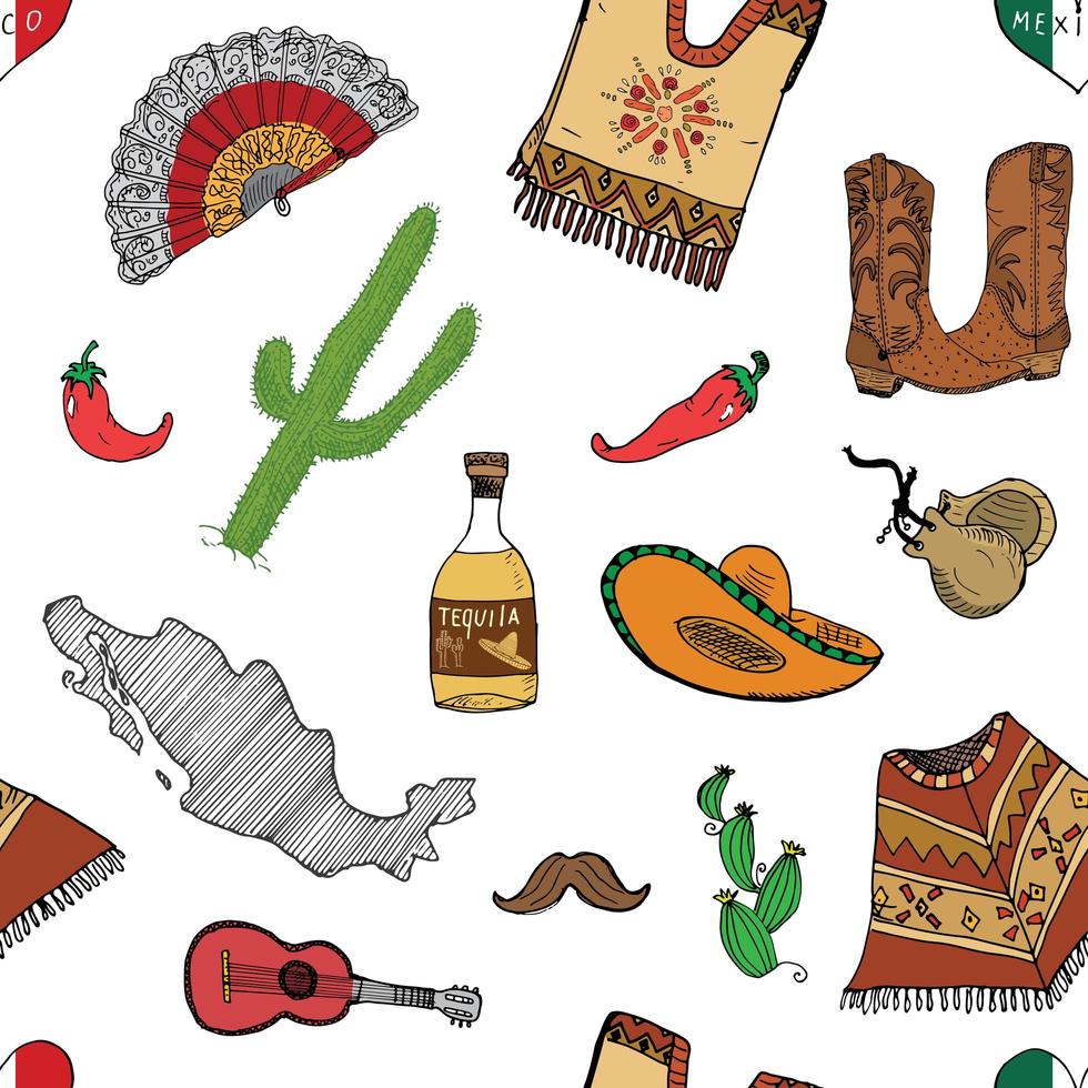 Mexico seamless pattern doodle elements, Hand drawn sketch mexican traditional sombrero hat, boots, poncho, cactus and tequila bottle, map of mexico, music instruments. vector illustration background