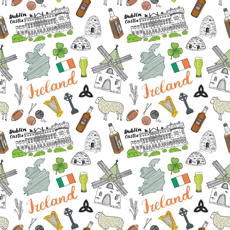 Ireland Sketch Doodles Seamless Pattern. Irish Elements with flag and map of Ireland, Celtic Cross, Castle, Shamrock, Celtic Harp, Mill and Sheep, Whiskey Bottles and Irish Beer, Vector Illustration