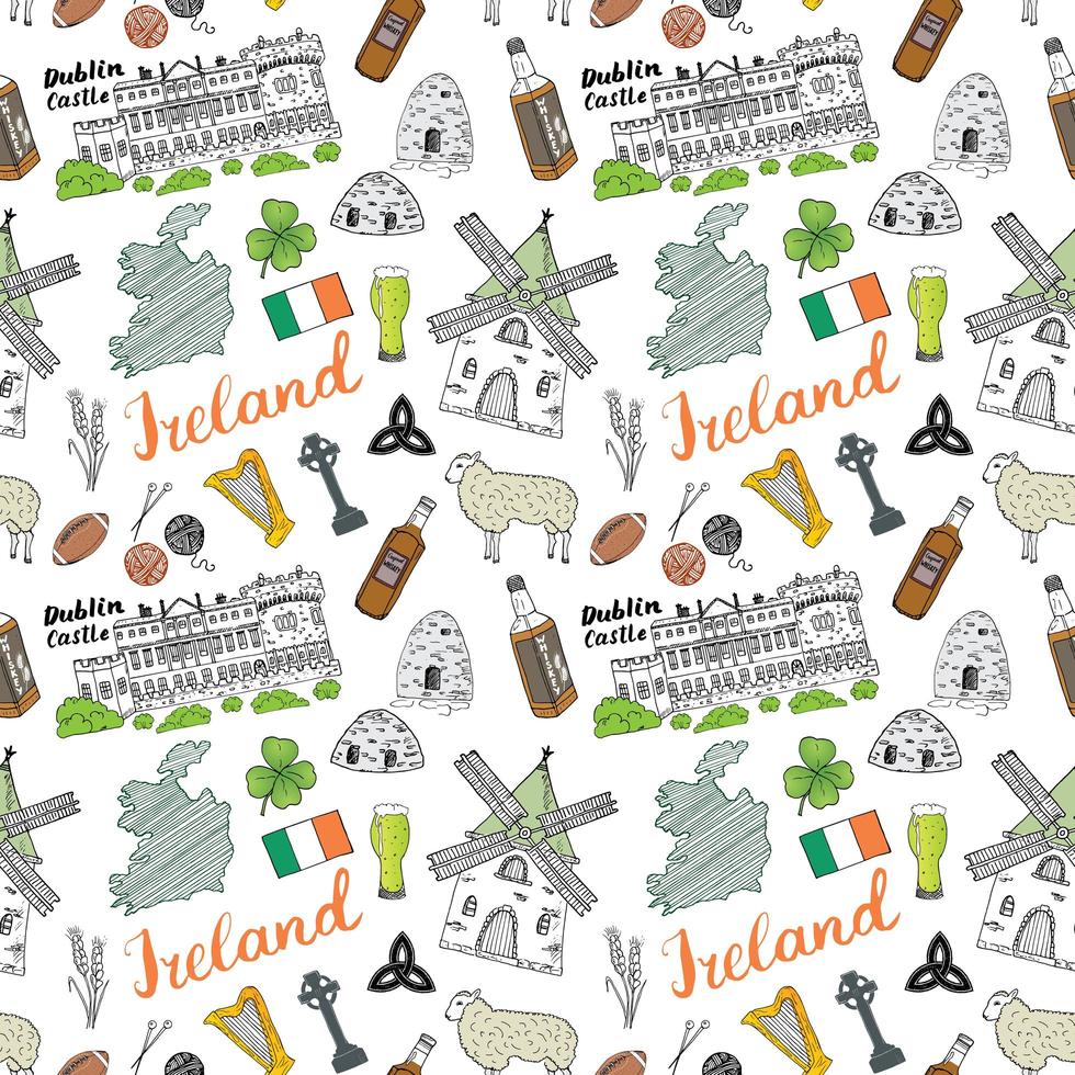 Irlanda bosquejo garabatos de patrones sin fisuras. elementos irlandeses con bandera y mapa de irlanda, cruz celta, castillo, trébol, arpa celta, molino y oveja, botellas de whisky y cerveza irlandesa, ilustración vectorial vector