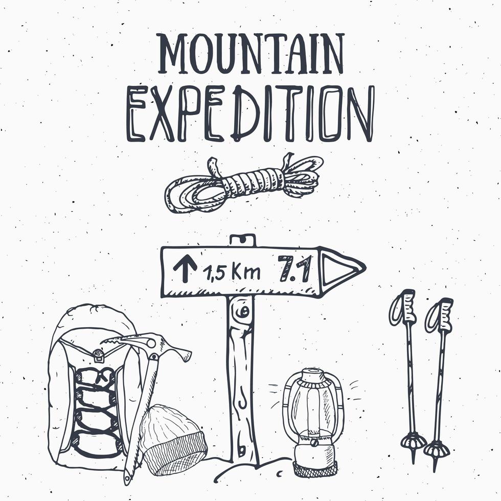 Mountain expedition vintage set. Hand drawn sketch elements for retro badge emblem, outdoor hiking adventure and mountains exploring label design, Extreme sports, vector illustration.