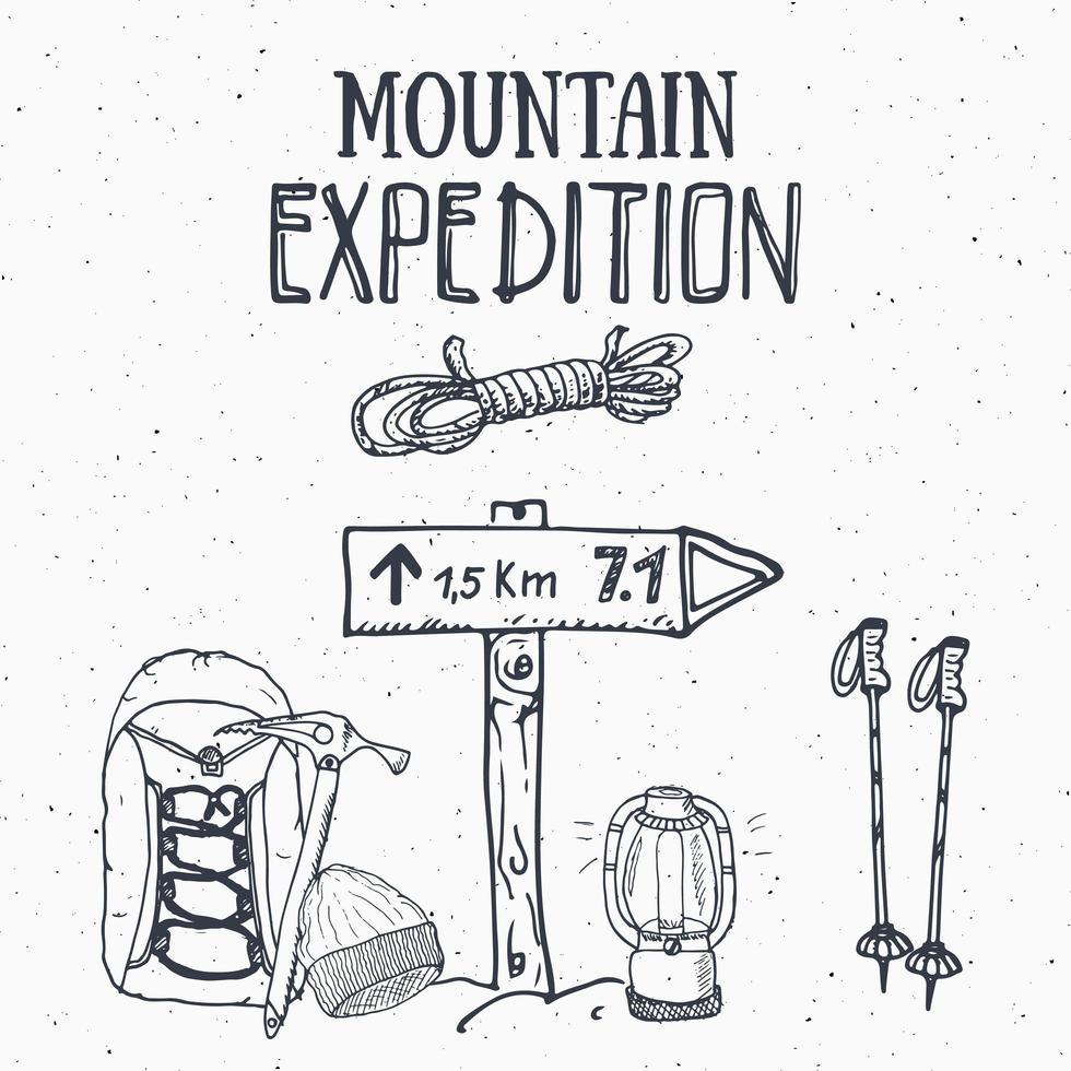 conjunto vintage de expedición de montaña. elementos de boceto dibujados a mano para el emblema de la insignia retro, la aventura de senderismo al aire libre y las montañas que exploran el diseño de etiquetas, deportes extremos, ilustración vectorial. vector