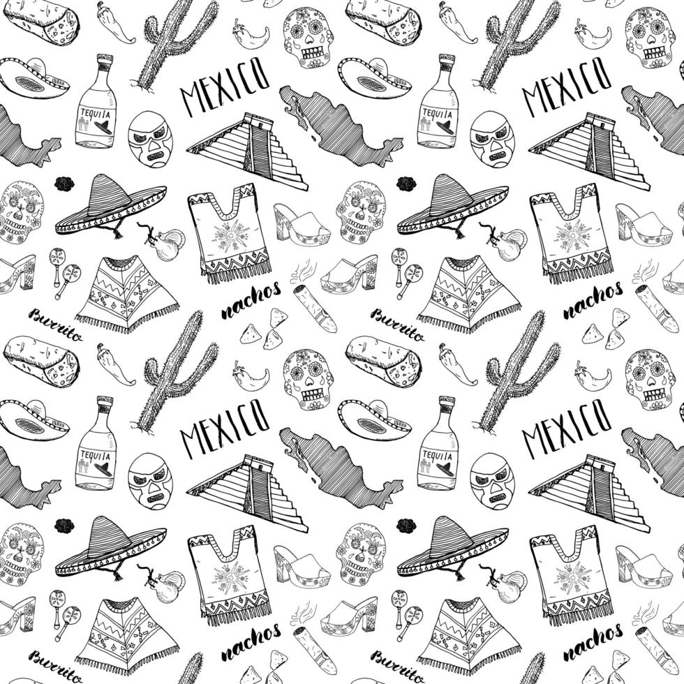 Mexico seamless pattern doodle elements, Hand drawn sketch mexican traditional sombrero hat, boots, poncho, cactus and tequila bottle, map of mexico, burrito, skull. vector illustration background