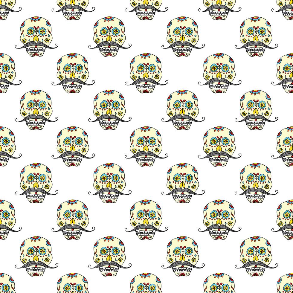 Day of the Dead seamless pattern, handdrawn sugar skulls with moustache background, vector illustration