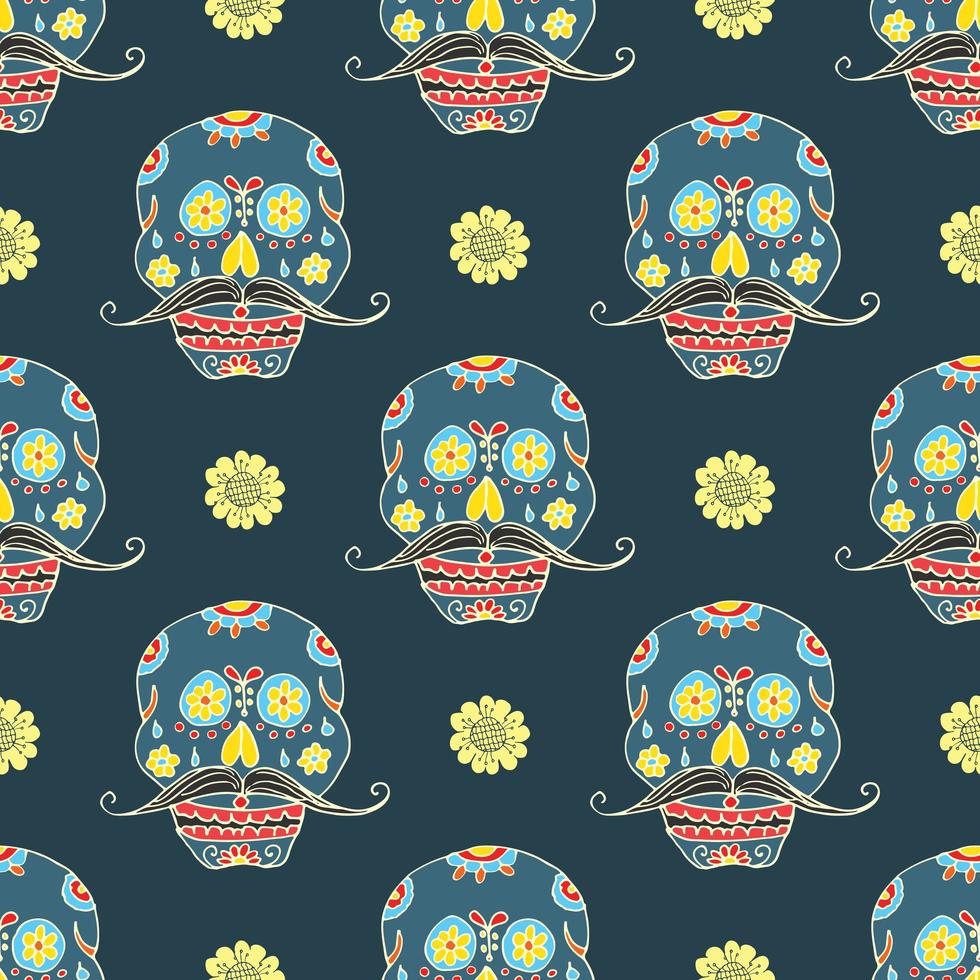 Day of the Dead seamless pattern, handdrawn sugar skulls with moustache background, vector illustration