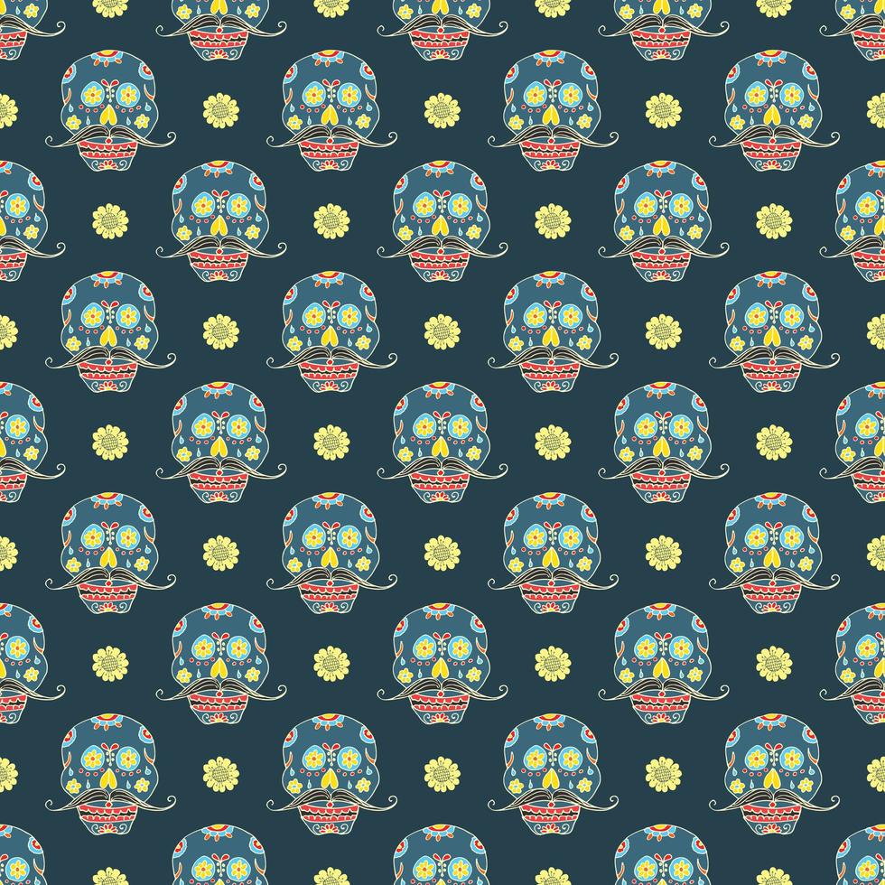 Day of the Dead seamless pattern, handdrawn sugar skulls with moustache background, vector illustration