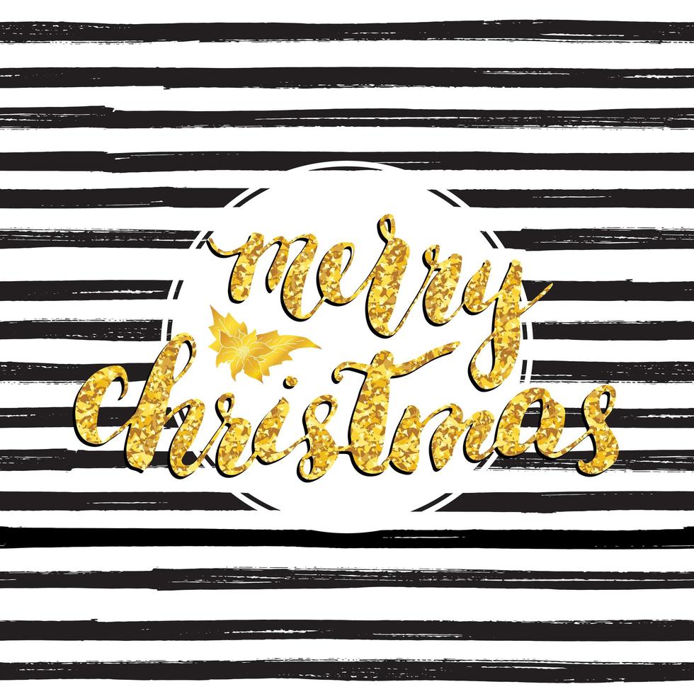 Feliz Navidad letras, árbol de brillo dorado. Ilustración de vector dibujado a mano.