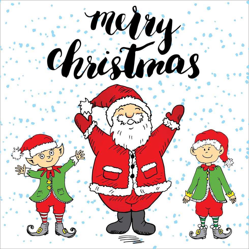 Merry Chistmas lettering. Hand drawn vector illustration with Santa Claus and elfs.