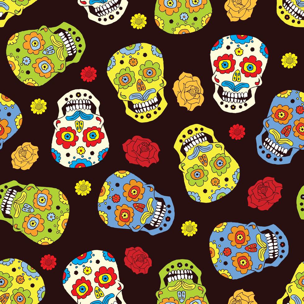 Día de los muertos de patrones sin fisuras, calaveras de azúcar dibujadas a mano y fondo de rosas, ilustración vectorial vector