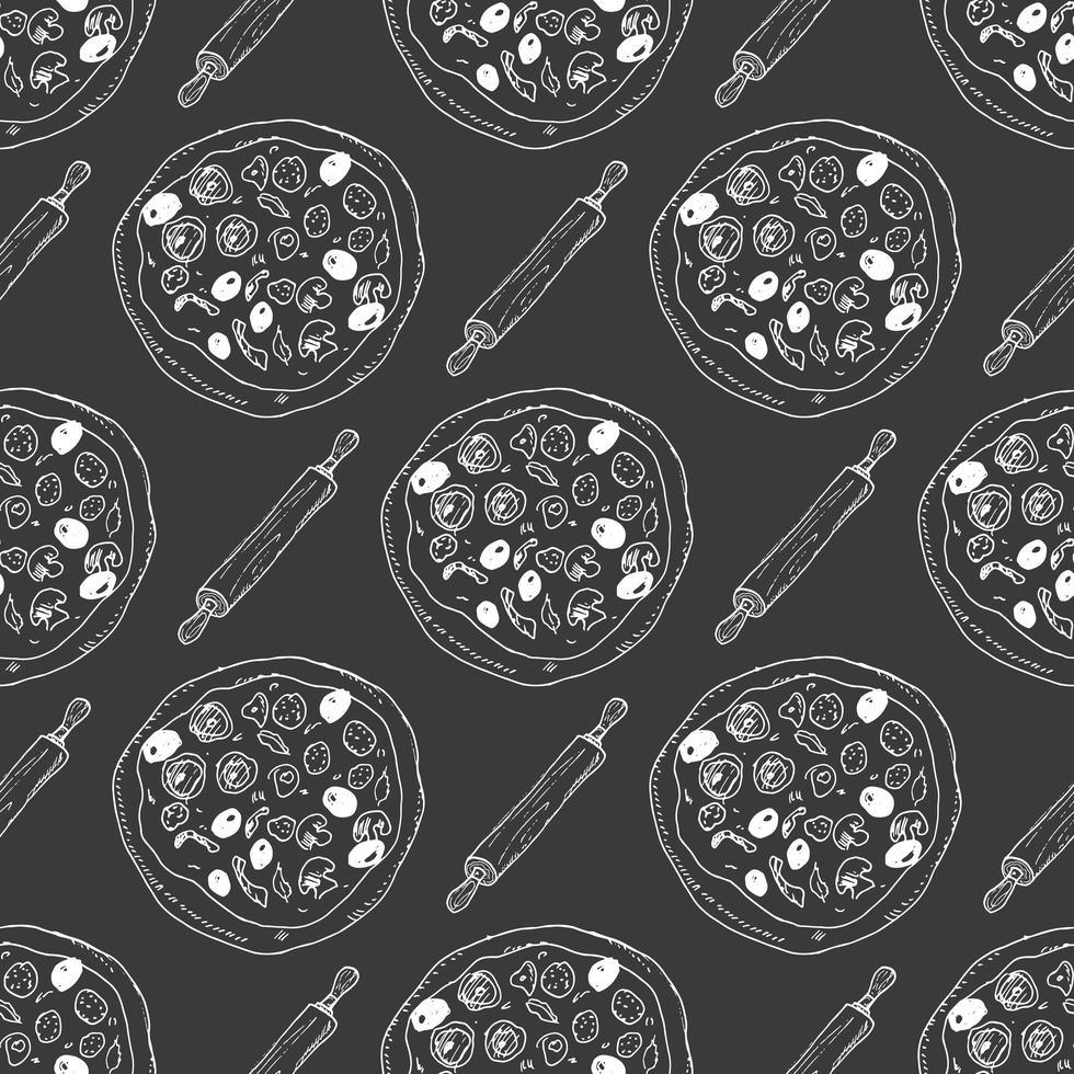 Pizza seamless pattern hand drawn sketch. Pizza doodles and rolling pin, Food background. Vector illustration