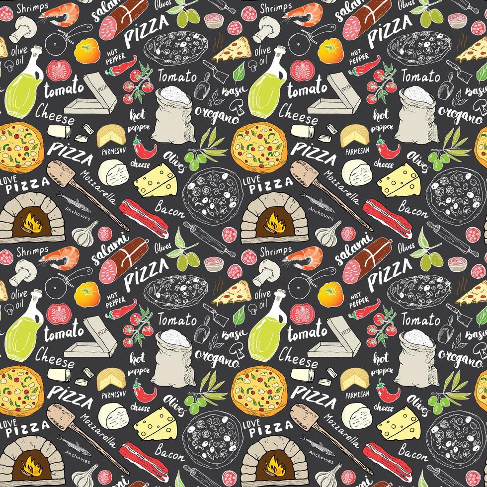 Pizza seamless pattern hand drawn sketch. Pizza Doodles Food background with flour and other food ingredients, oven and kitchen tools. Vector illustration