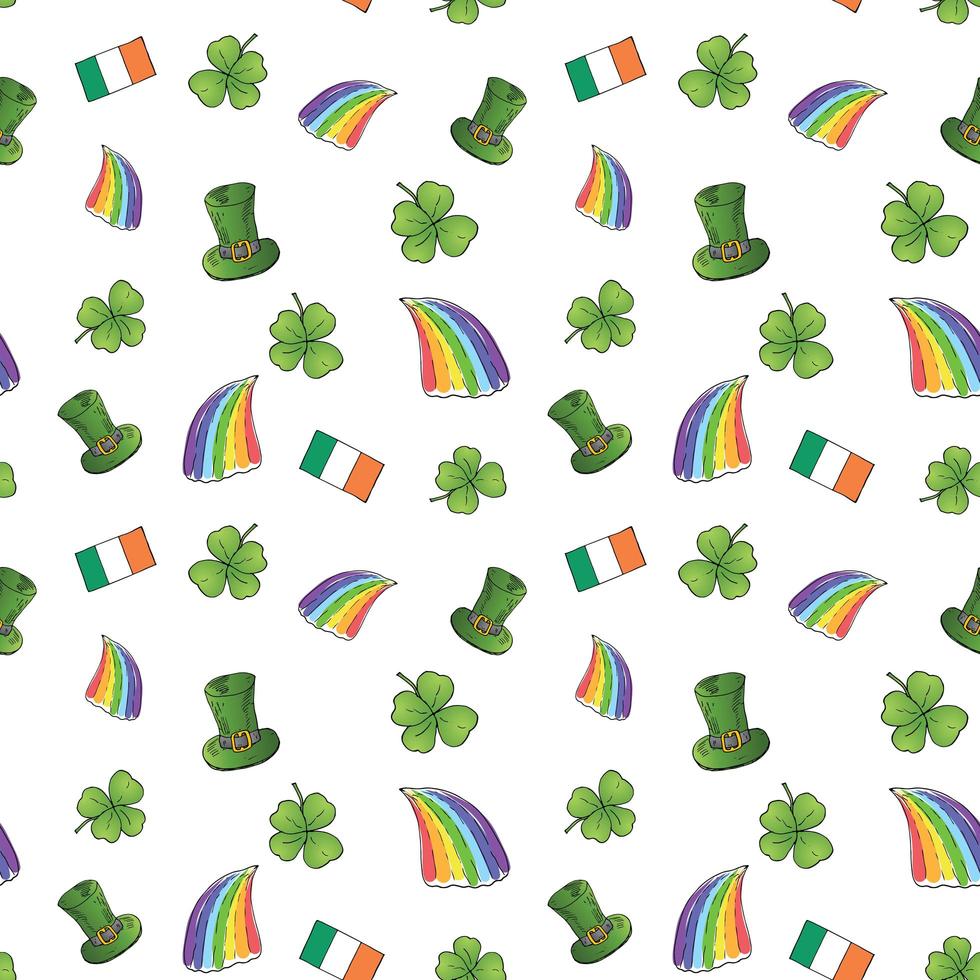 St Patrick's Day hand drawn doodle Seamless pattern, with leprechaun hat, rainbow, four leaf clover, flag of Ireland vector illustration background.