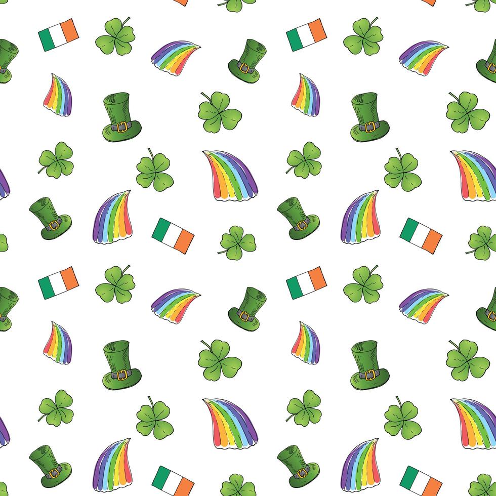 Día de San Patricio dibujado a mano doodle de patrones sin fisuras, con sombrero de duende, arco iris, trébol de cuatro hojas, bandera de Irlanda ilustración vectorial de fondo. vector