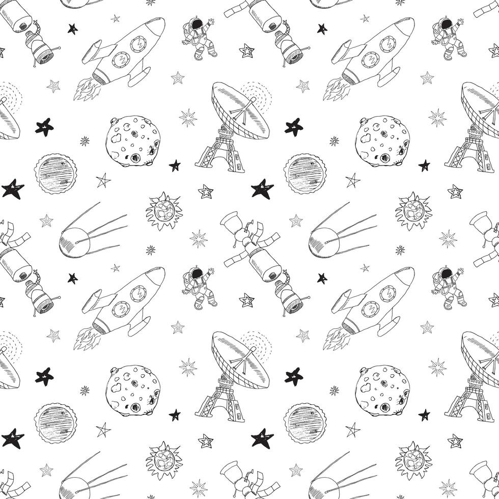 Space doodles icons seamless pattern. Hand drawn sketch with meteors, Sun and Moon, radar, astronaut rocket and stars. vector illustration isolated