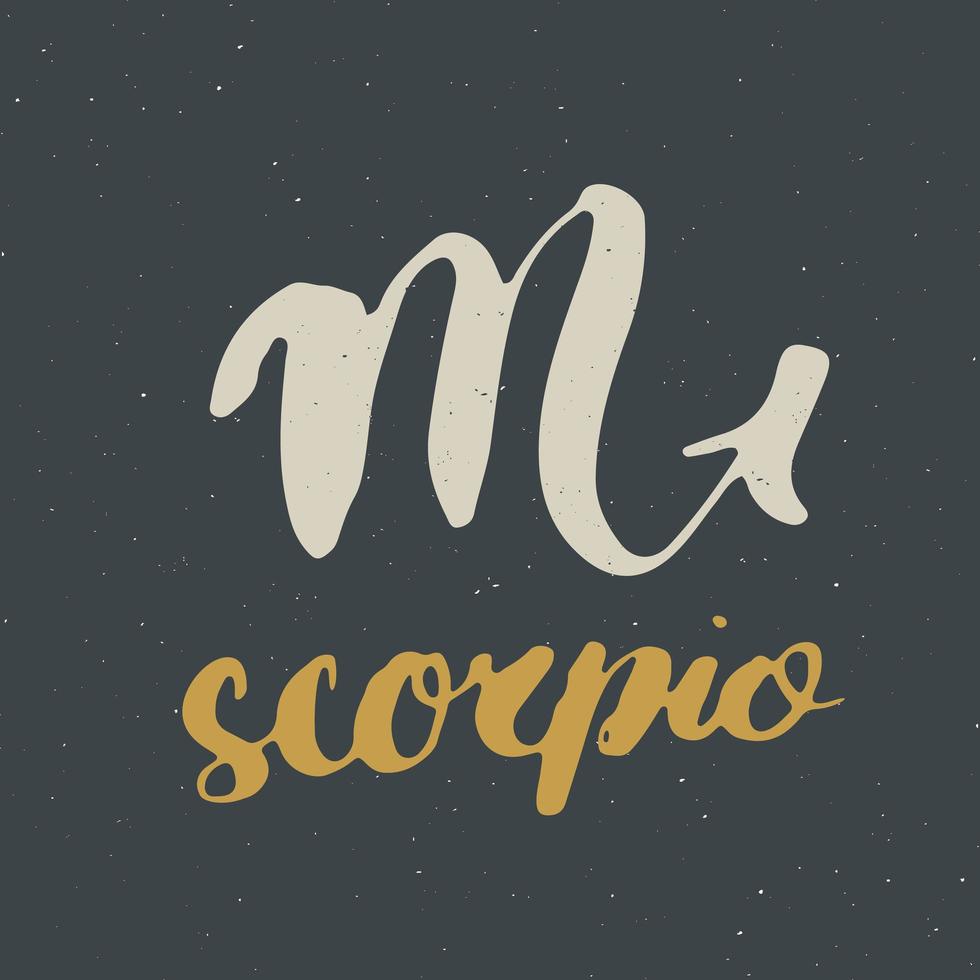 signo del zodíaco escorpio y letras. Símbolo de astrología horóscopo dibujado a mano, diseño con textura grunge, tipografía impresa, ilustración vectorial vector