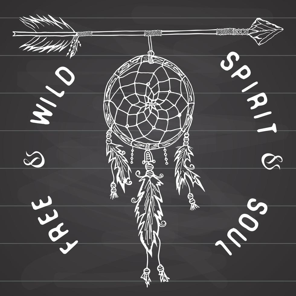 Dream catcher and arrow, tribal legend in Indian style with traditional dreamcatcher with bird feathers and beads. Vector illustration, letters Free and Wild spirit and soul. on chalkboard.