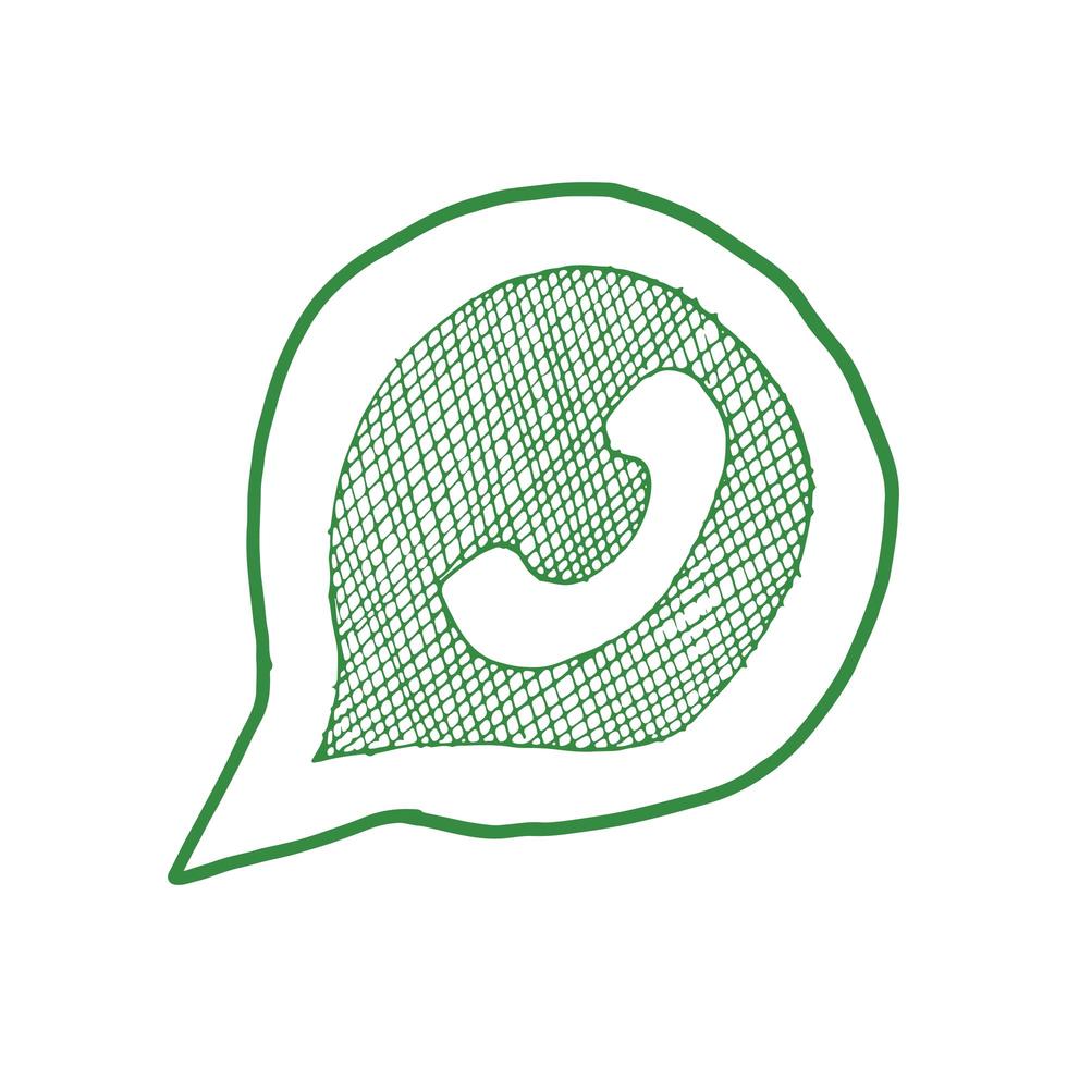 Green phone handset in speech bubble hand drawn icon, vector illustration isolated on white background.