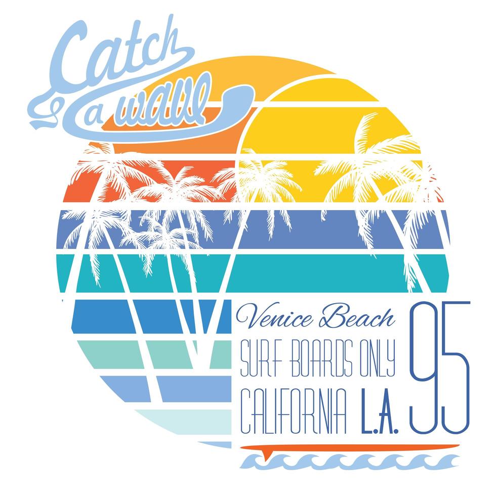 tipografía de california venice beach, diseño de impresión de camisetas, etiqueta de aplique de insignia de vector de verano