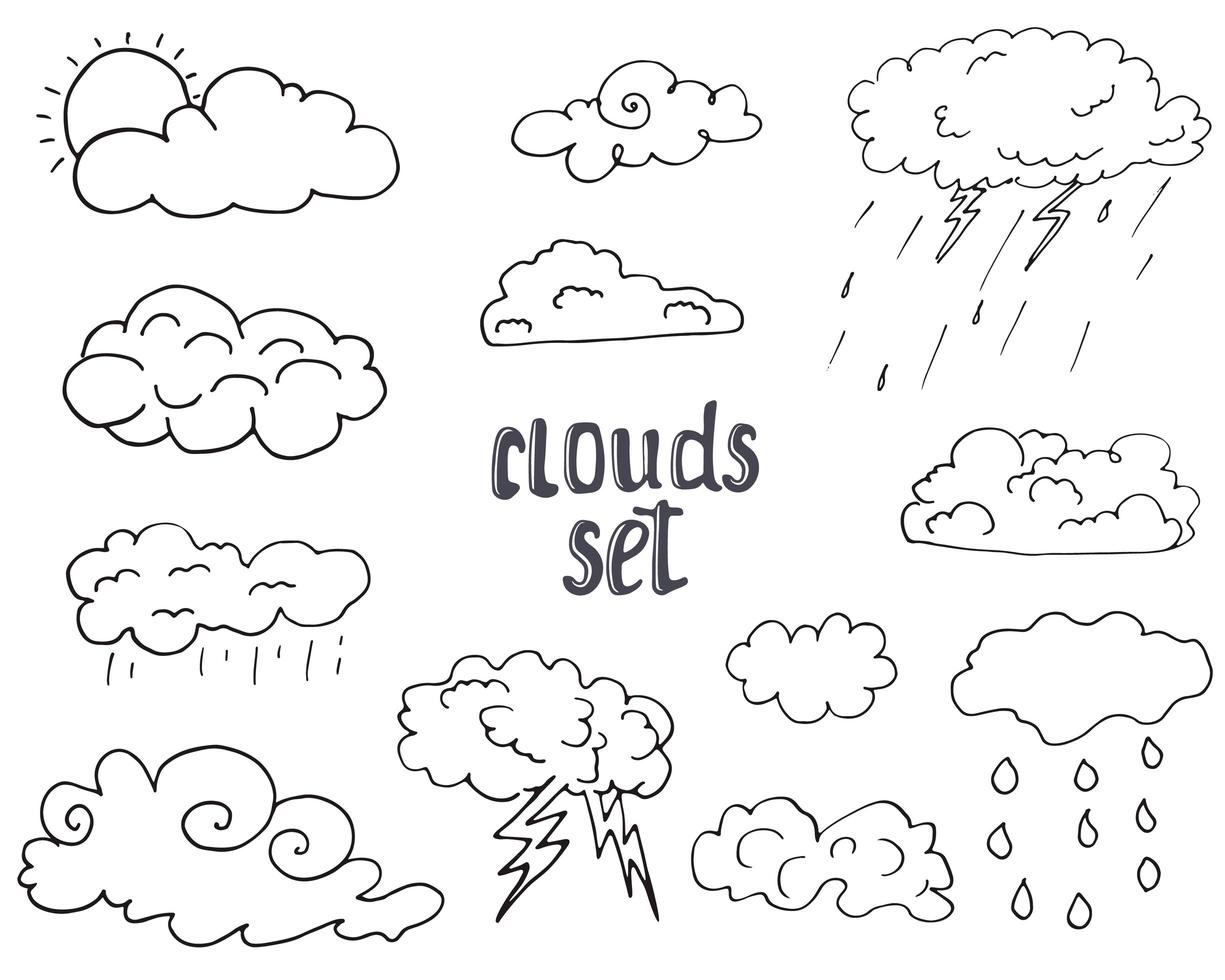 Hand drawn Doodle set of different Clouds, sketch Collection  vector illustration isolated on white