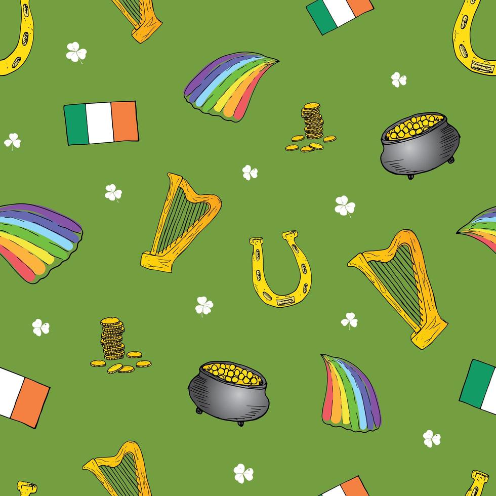 Día de San Patricio dibujado a mano doodle de patrones sin fisuras, con duende, olla de monedas de oro, arco iris, cerveza, trébol de cuatro hojas, herradura, arpa celta y bandera de irlanda ilustración vectorial vector