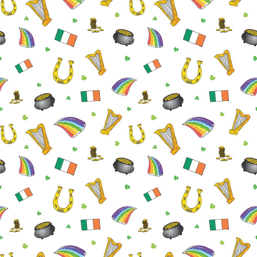 St Patrick's Day hand drawn doodle Seamless pattern, with leprechaun, pot of gold coins, rainbow, beer, four leaf clover, horseshoe, celtic harp and flag of Ireland vector illustration