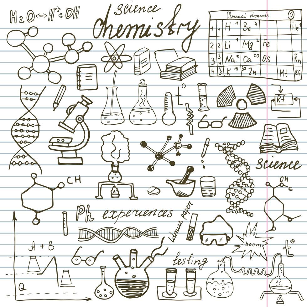 Chemistry and sciense elements doodles icons set. Hand drawn sketch with microscope, formulas, experiments equpment, analysis tools, vector illustrationon paper notebook background