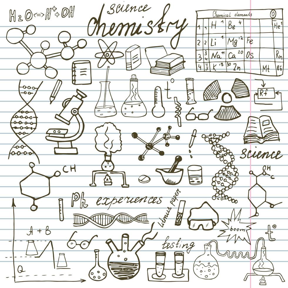 Conjunto de iconos de garabatos de elementos de química y ciencia. Boceto dibujado a mano con microscopio, fórmulas, equipo de experimentos, herramientas de análisis, ilustración vectorial sobre fondo de cuaderno de papel vector