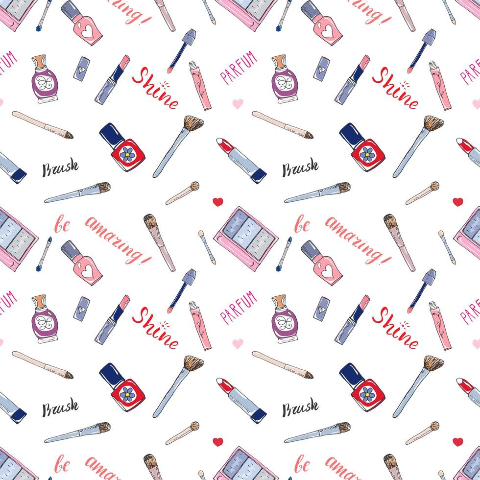 Hand drawn collection of make up, cosmetics and beauty items seamless pattern, with lipstick brush parfume and lettering vector illustration isolated