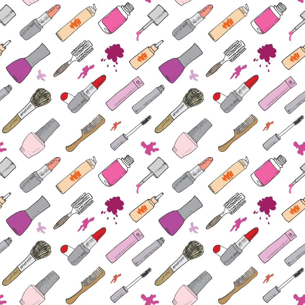 Dibujado a mano maquillaje, cosméticos y artículos de belleza de patrones sin fisuras con cepillos para el cabello, lápiz labial y esmalte de uñas ilustración aislada. dibujo de fondo de vector de doodle, aislado en blanco