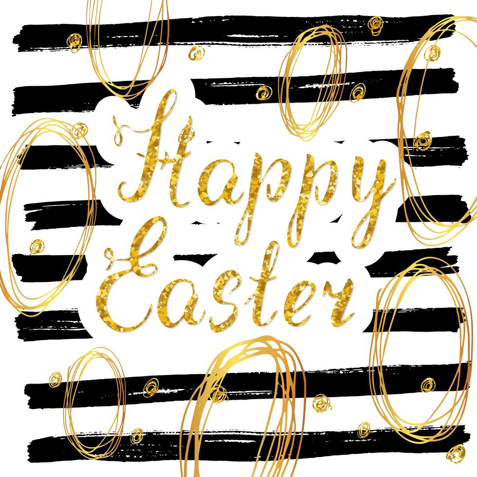 Feliz Pascua tarjeta de felicitación dibujada a mano con letras y elementos de doodle esbozados, brillo dorado sobre fondo de líneas negras vector