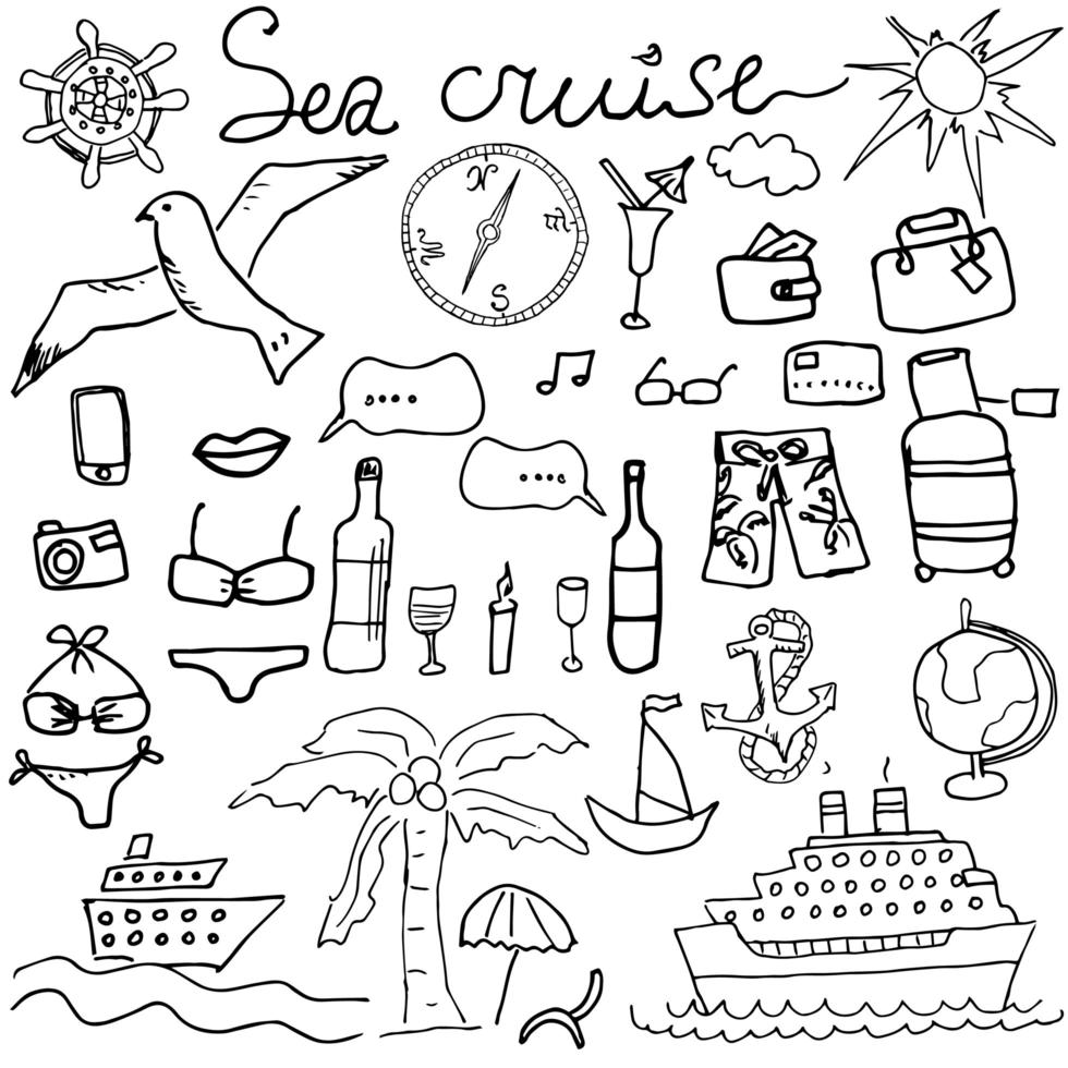 Hand drawn sketch sea cruise doodles vector illustration of Travel and summer elements, isolated