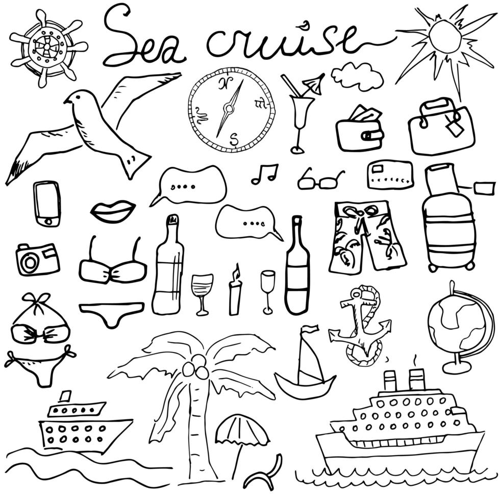 Hand drawn sketch sea cruise doodles vector illustration of Travel and summer elements, isolated