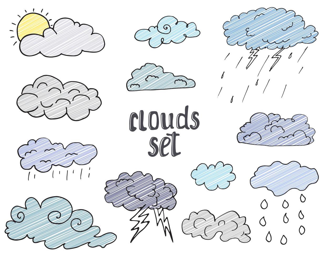 Hand drawn Doodle set of different Clouds, sketch Collection  vector illustration isolated on white
