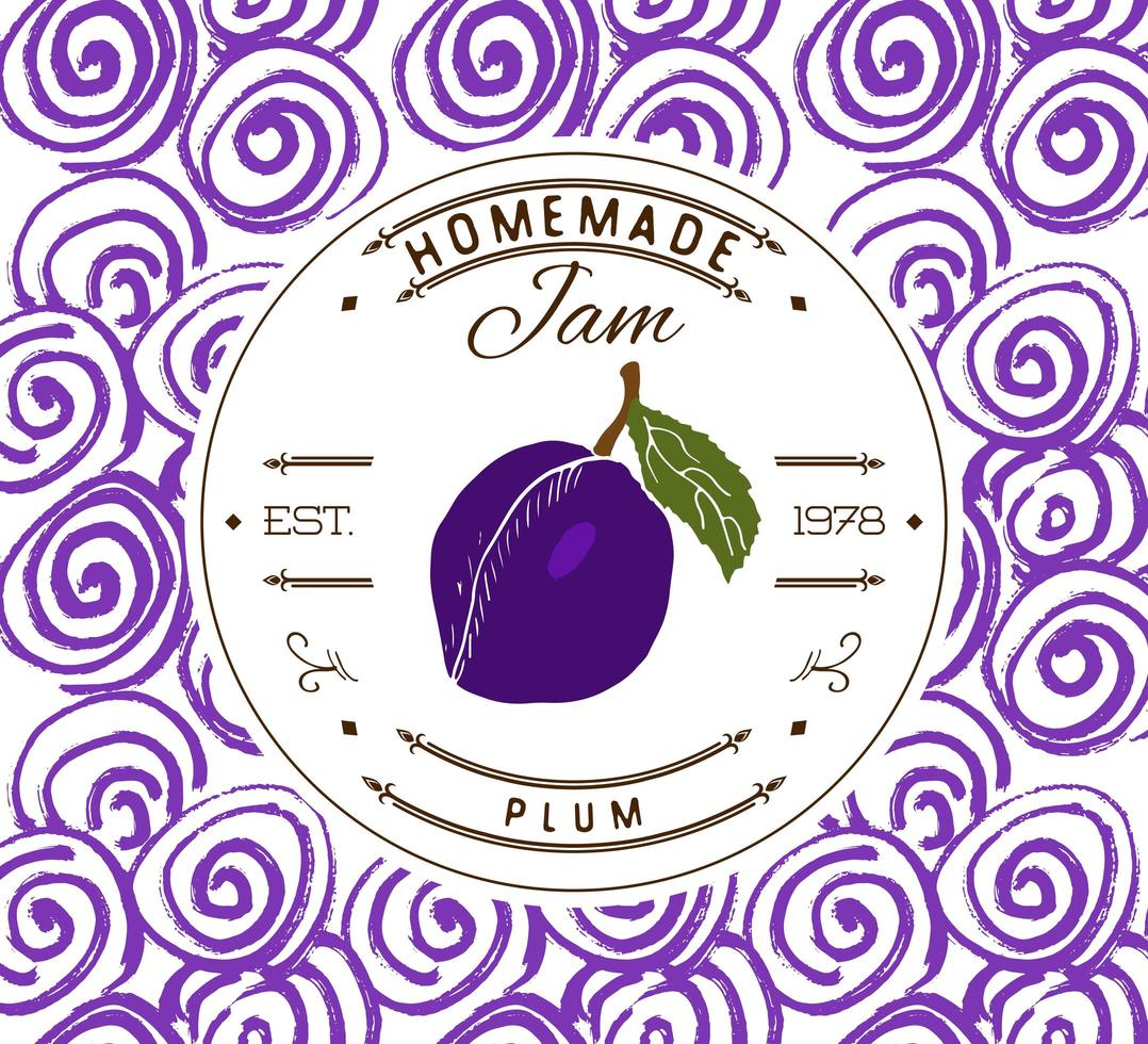 Jam label design template. for plum dessert product with hand drawn sketched fruit and background. Doodle vector plum illustration brand identity