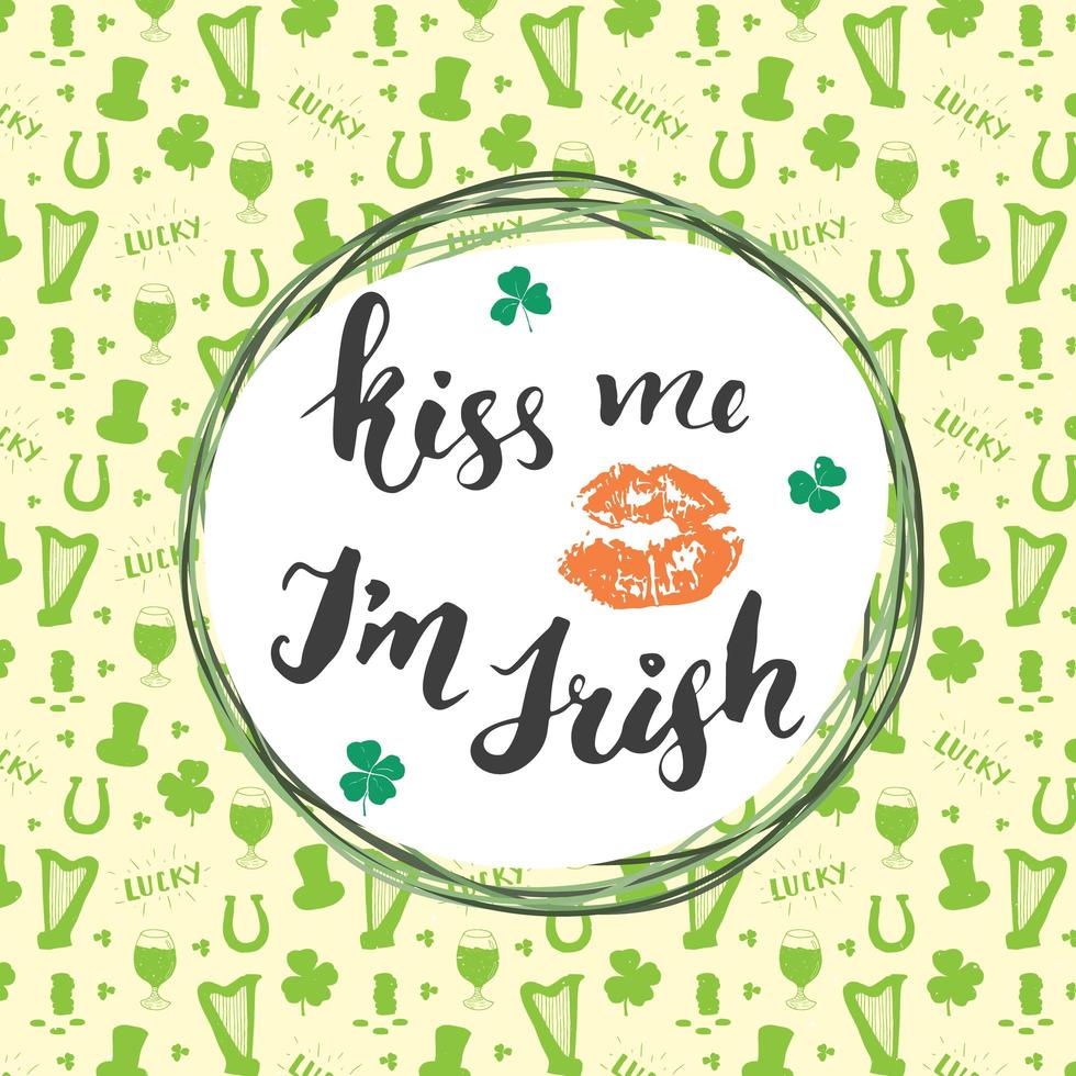 Kiss me, I'm irish. St Patrick's Day greeting card Hand lettering with lips and clovers, Irish holiday brushed calligraphic sign vector illustration on pattern background