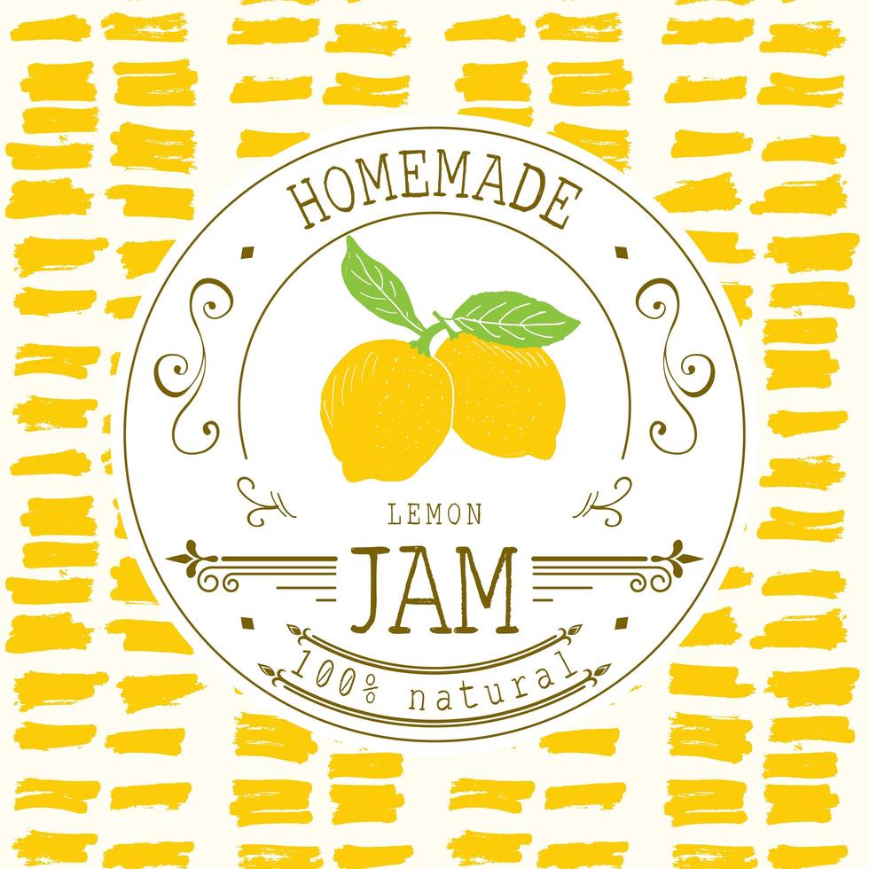 Jam label design template. for lemon dessert product with hand drawn sketched fruit and background. Doodle vector lemon illustration brand identity