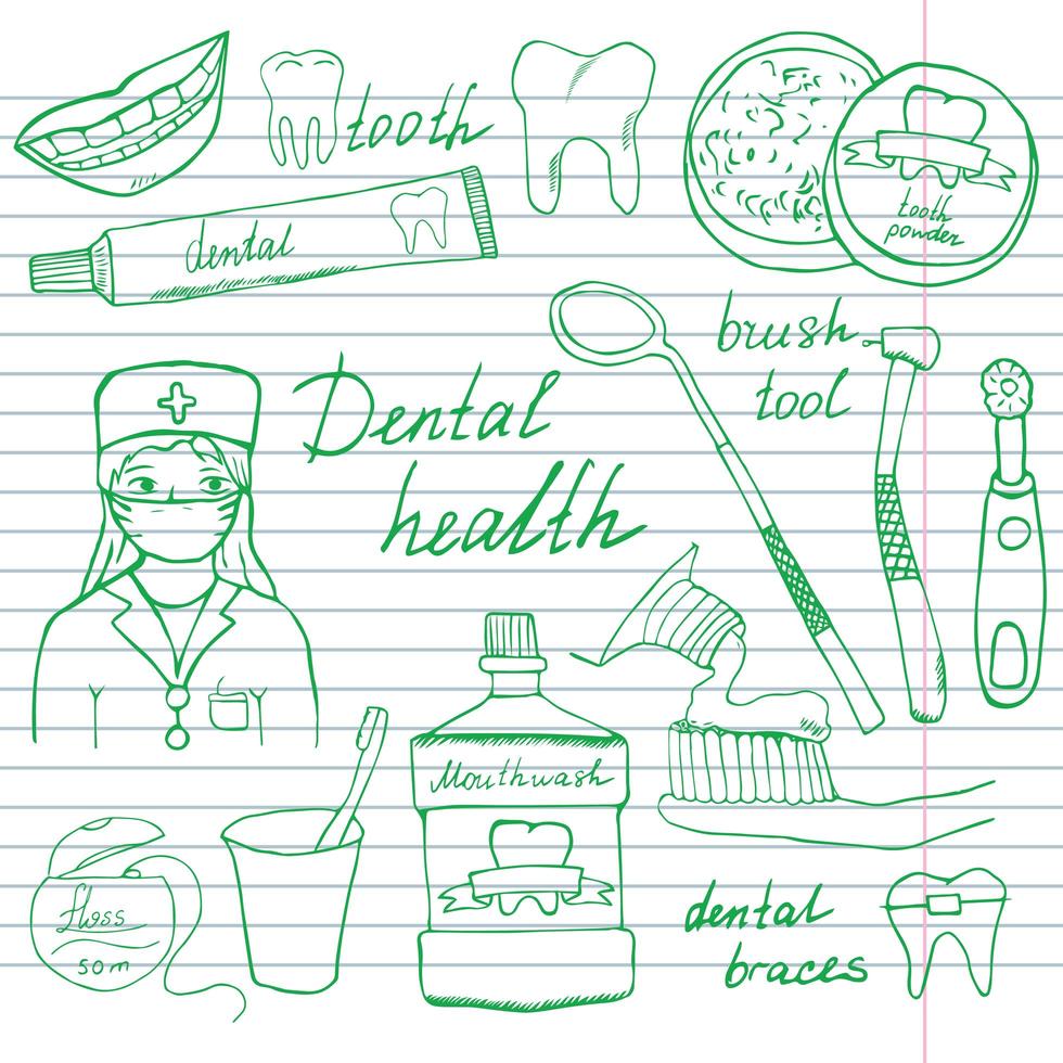 Conjunto de iconos de garabatos de salud dental. boceto dibujado a mano con dientes, pasta de dientes, cepillo de dientes, dentista, enjuague bucal y hilo dental. ilustración vectorial sobre fondo de papel de cuaderno vector