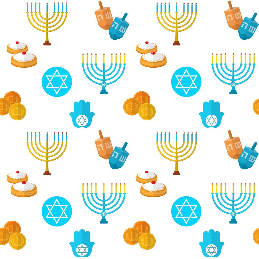 Happy Hanukkah vector seamless pattern, with dreidel game, coins, hand of Miriam, palm of David, star of David, menorah, traditional food, torah and other traditional items