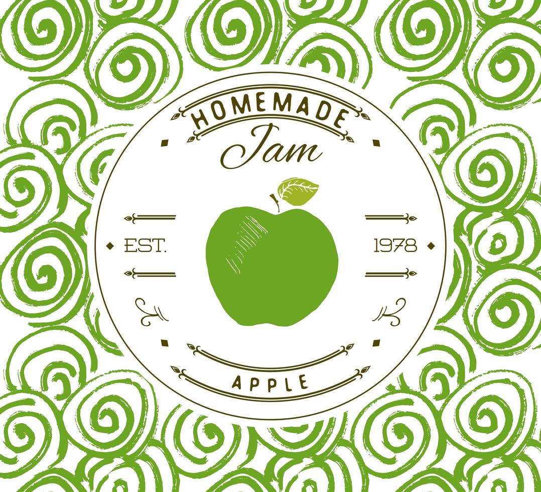 plantilla de diseño de etiqueta de mermelada. para el producto de postre de manzana con frutas y fondo esbozados a mano. Doodle vector manzana ilustración identidad de marca