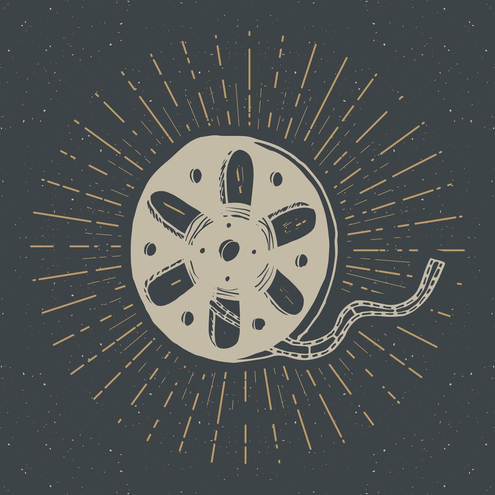 Cinema tape and film reel vintage label, Hand drawn sketch, grunge textured retro badge, typography design t-shirt print, vector illustration